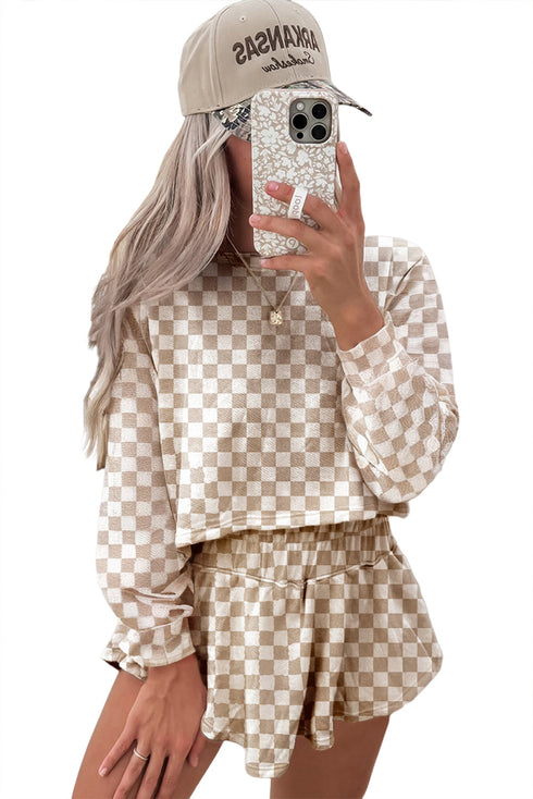 Checkered Print Long Sleeve Crop Top Skort Short Set
