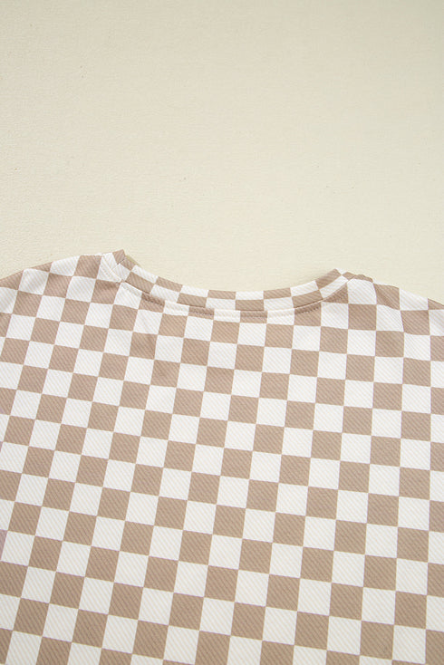 Checkered Print Long Sleeve Crop Top Skort Short Set