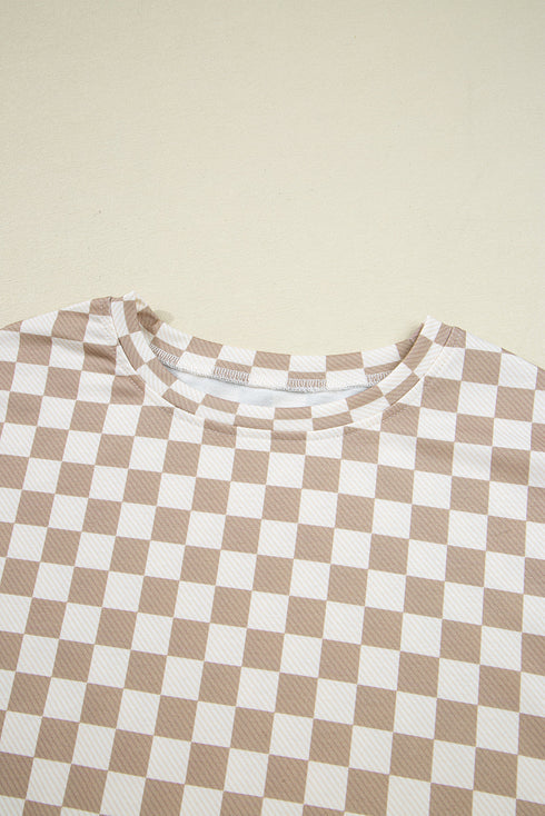 Checkered Print Long Sleeve Crop Top Skort Short Set