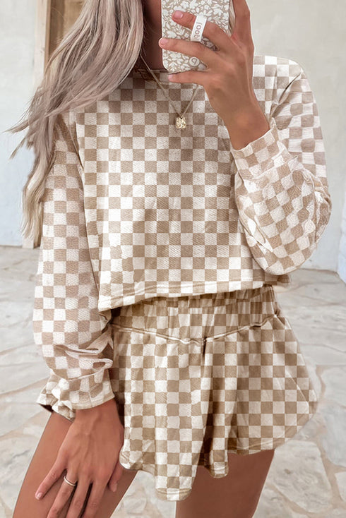 Checkered Print Long Sleeve Crop Top Skort Short Set