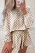 Checkered Print Long Sleeve Crop Top Skort Short Set