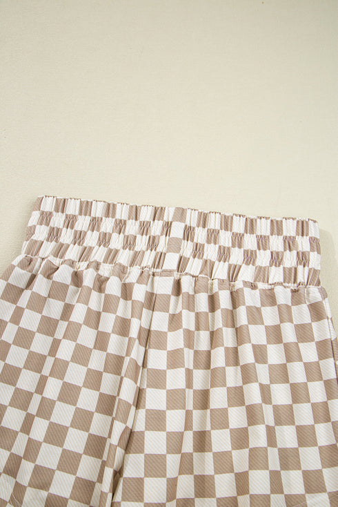 Checkered Print Long Sleeve Crop Top Skort Short Set