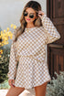 Checkered Print Long Sleeve Crop Top Skort Short Set