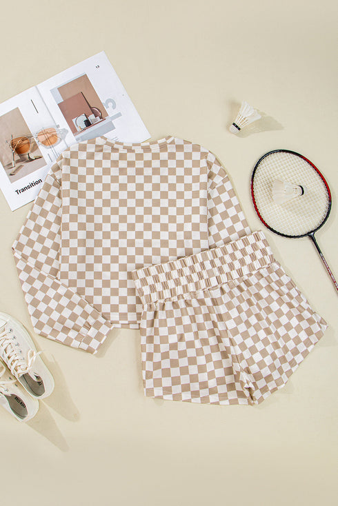 Checkered Print Long Sleeve Crop Top Skort Short Set