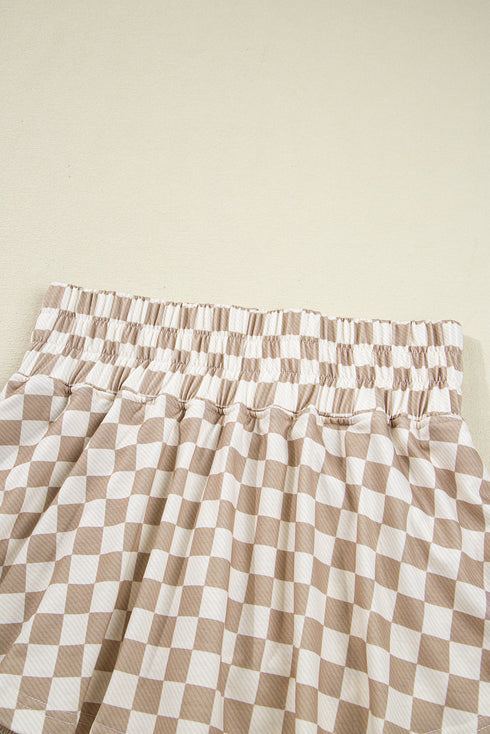 Checkered Print Long Sleeve Crop Top Skort Short Set
