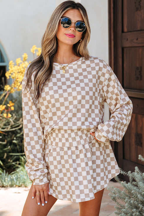 Checkered Print Long Sleeve Crop Top Skort Short Set