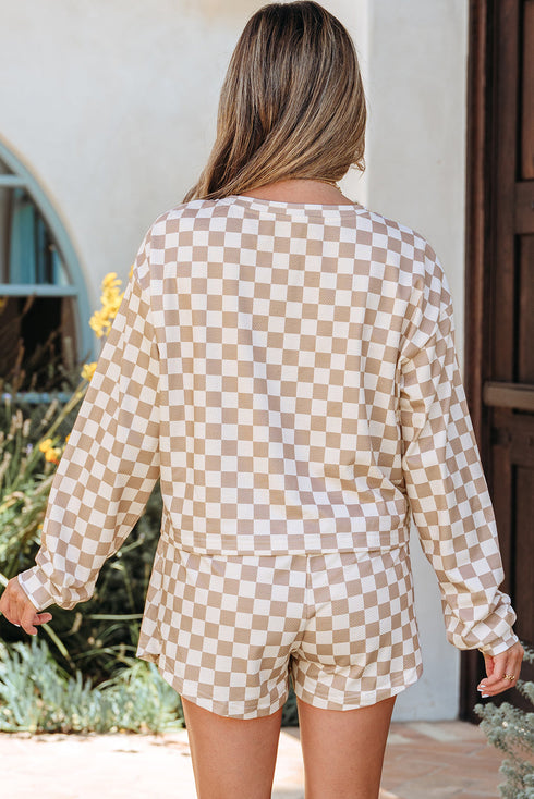 Checkered Print Long Sleeve Crop Top Skort Short Set