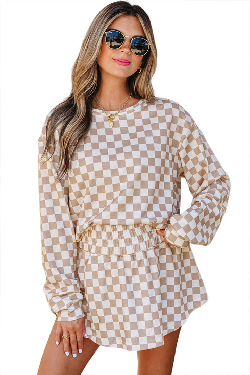 Checkered Print Long Sleeve Crop Top Skort Short Set