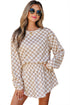 Checkered Print Long Sleeve Crop Top Skort Short Set