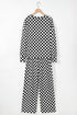Checkered Print Long Sleeve Wide Leg Lounge Set