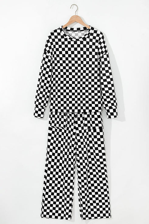 Checkered Print Long Sleeve Wide Leg Lounge Set