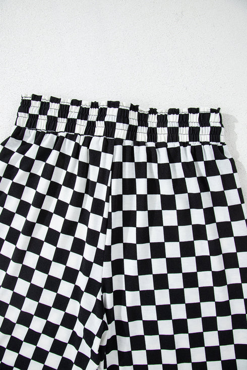 Checkered Print Long Sleeve Wide Leg Lounge Set