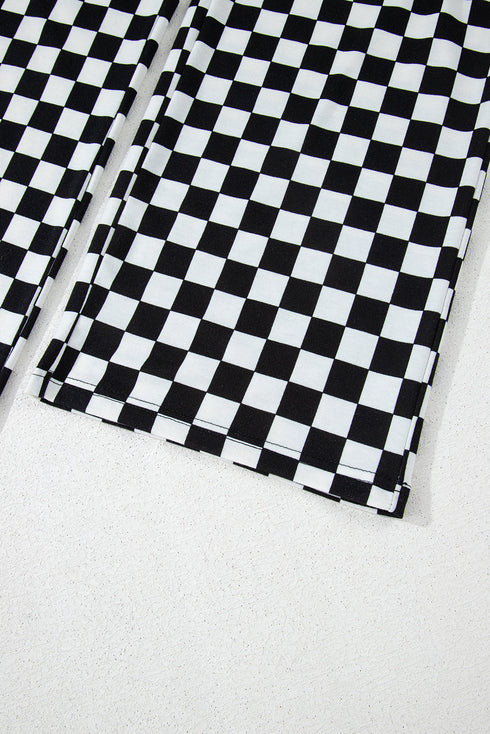 Checkered Print Long Sleeve Wide Leg Lounge Set