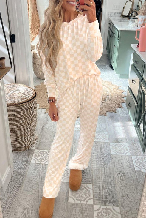 Checkered Print Long Sleeve Wide Leg Lounge Set