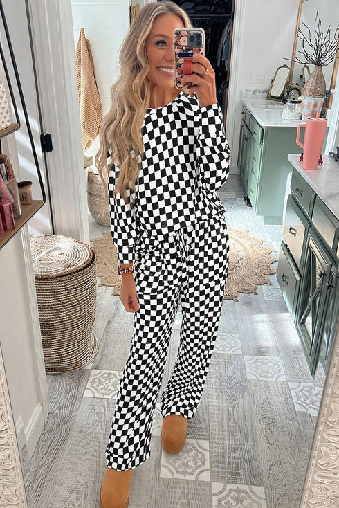 Checkered Print Long Sleeve Wide Leg Lounge Set