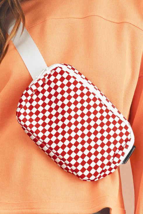 Checkered Print Nylon Adjustable Strap Crescent Crossbody Bag