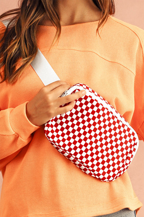 Checkered Print Nylon Adjustable Strap Crescent Crossbody Bag