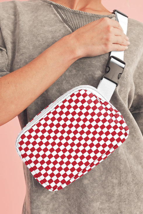 Checkered Print Nylon Adjustable Strap Crescent Crossbody Bag