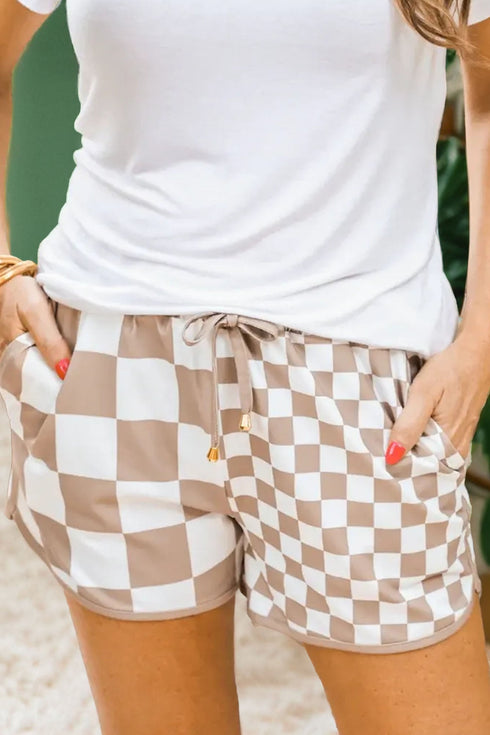 Checkered Print Patchwork Beaded Drawstring Casual Shorts