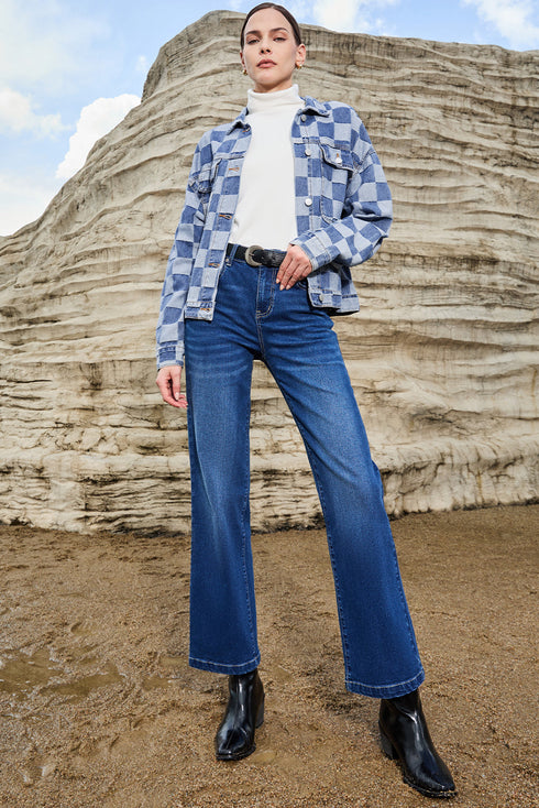 Checkered Print Patchwork Button Up Denim Jacket