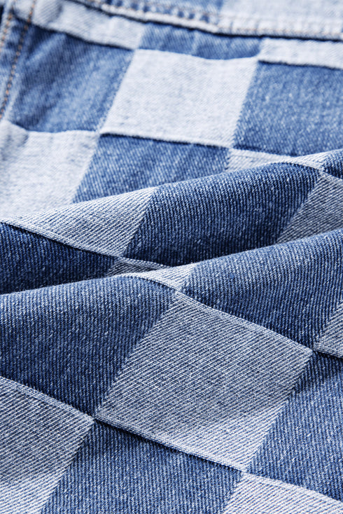 Checkered Print Patchwork Button Up Denim Jacket