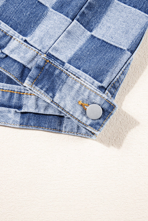 Checkered Print Patchwork Button Up Denim Jacket