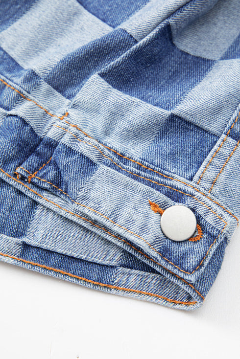 Checkered Print Patchwork Button Up Denim Jacket