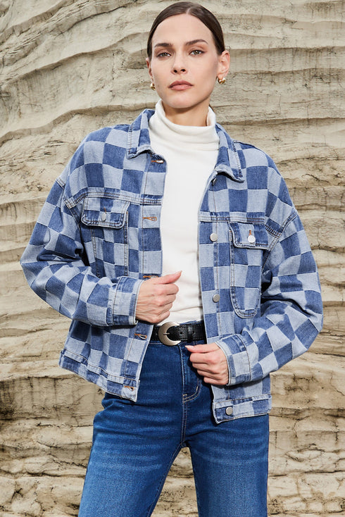 Checkered Print Patchwork Button Up Denim Jacket