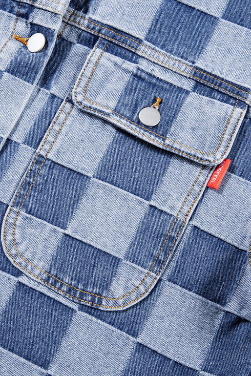 Checkered Print Patchwork Button Up Denim Jacket