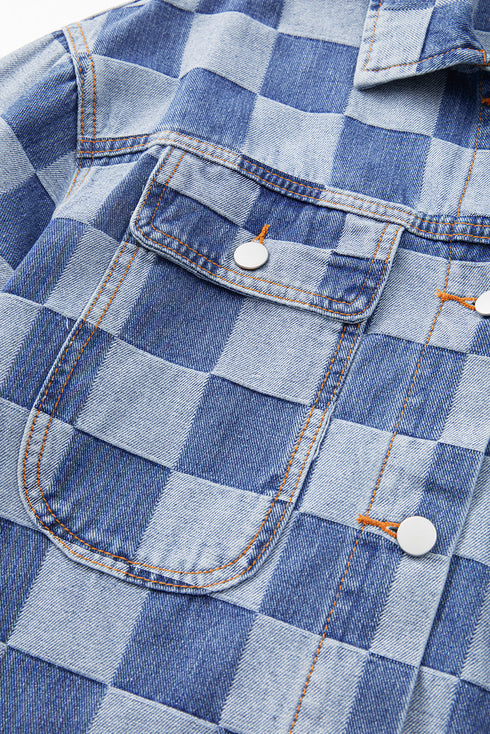 Checkered Print Patchwork Button Up Denim Jacket