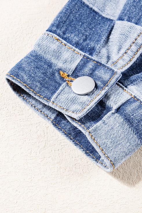 Checkered Print Patchwork Button Up Denim Jacket