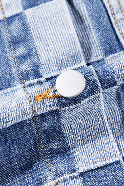 Checkered Print Patchwork Button Up Denim Jacket