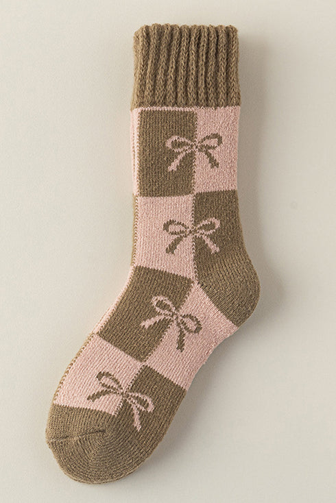 Checkered Print Plush Thermal Bow Detail Mid Calf Socks