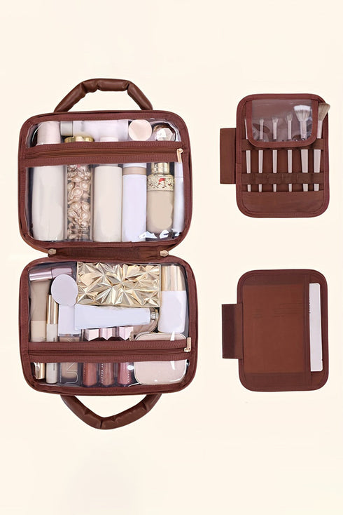 Checkered Print PU Leather Large Cosmetic Bag