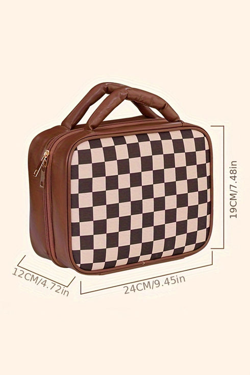 Checkered Print PU Leather Large Cosmetic Bag