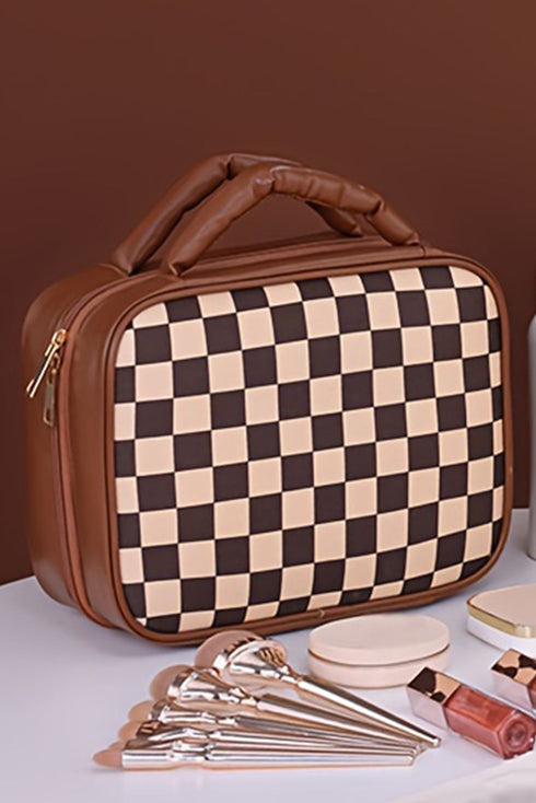 Checkered Print PU Leather Large Cosmetic Bag