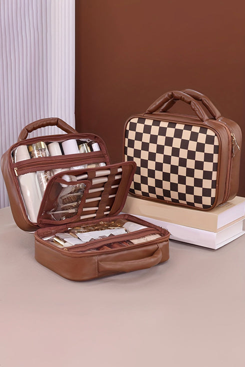 Checkered Print PU Leather Large Cosmetic Bag