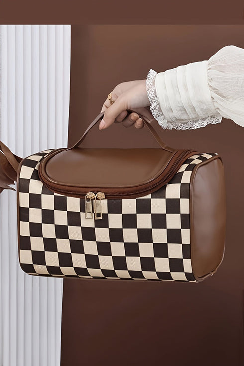 Checkered Print PU Leather Travel Cosmetic Makeup Bag