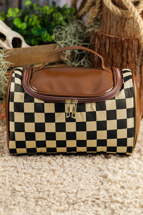 Checkered Print PU Leather Travel Cosmetic Makeup Bag