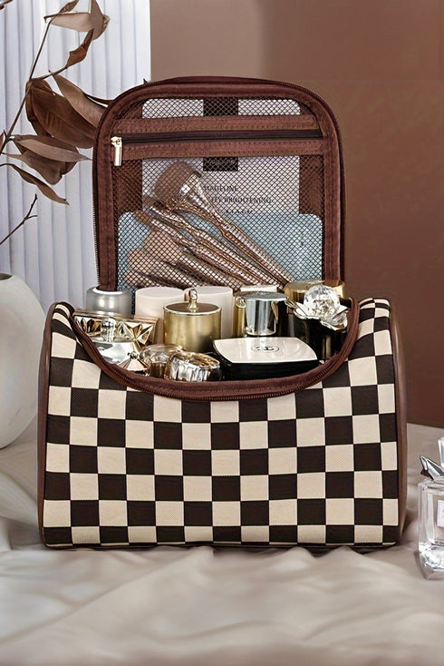 Checkered Print PU Leather Travel Cosmetic Makeup Bag
