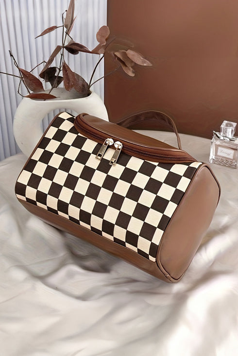 Checkered Print PU Leather Travel Cosmetic Makeup Bag