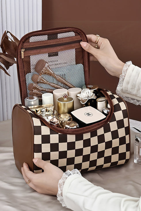 Checkered Print PU Leather Travel Cosmetic Makeup Bag