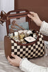 Checkered Print PU Leather Travel Cosmetic Makeup Bag