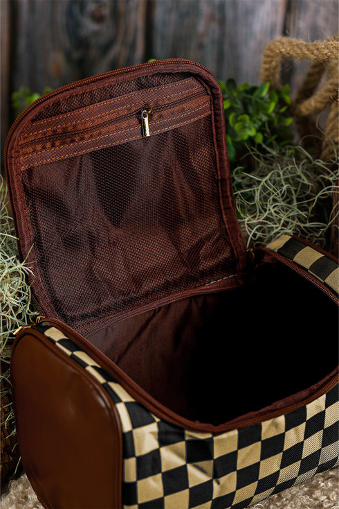 Checkered Print PU Leather Travel Cosmetic Makeup Bag