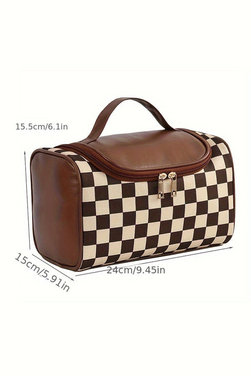 Checkered Print PU Leather Travel Cosmetic Makeup Bag