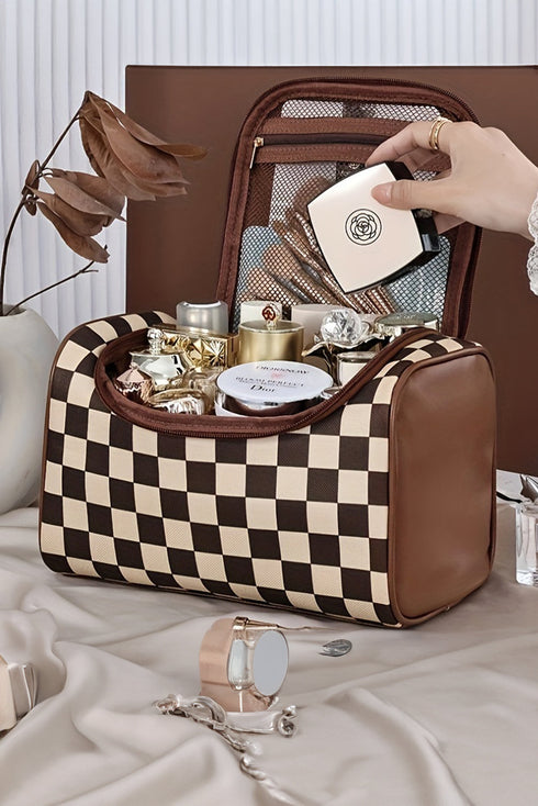 Checkered Print PU Leather Travel Cosmetic Makeup Bag