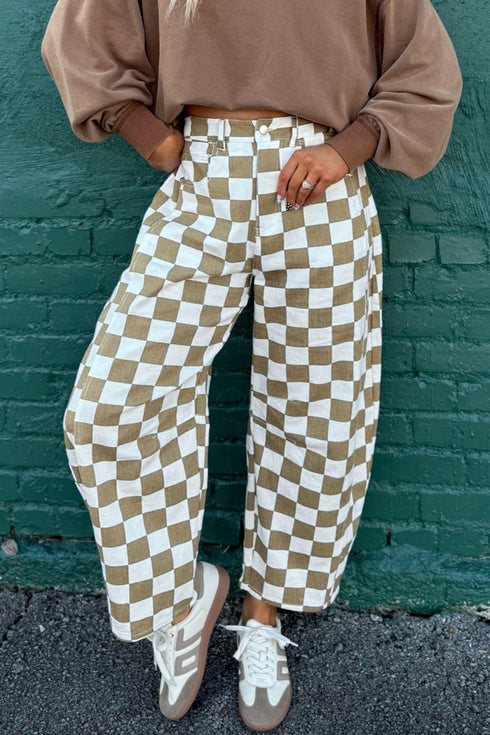 Checkered Print Pure Cotton Denim Barrel Pants