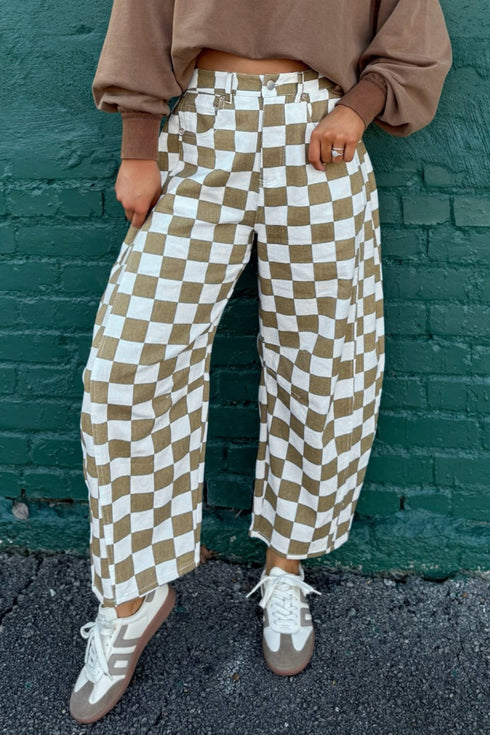 Checkered Print Pure Cotton Denim Barrel Pants