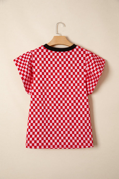 Checkered Print Ruffle Short Sleeve Round Neck Top