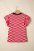 Checkered Print Ruffle Short Sleeve Round Neck Top